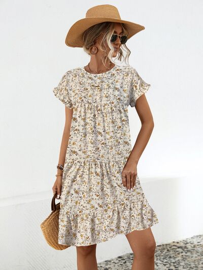 Frill Floral Round Neck Short Sleeve Tiered Dress Sand