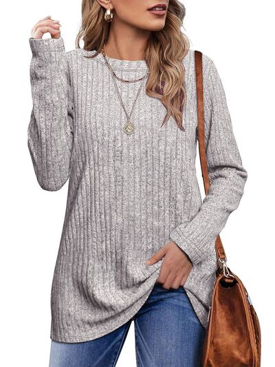 Ribbed Round Neck Long Sleeve Blouse Light Gray