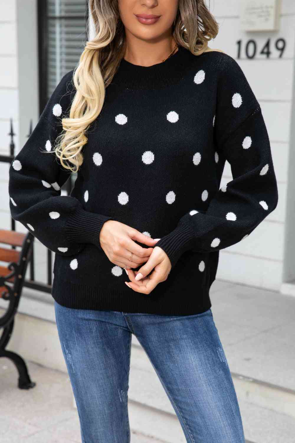 Woven Right Polka Dot Round Neck Dropped Shoulder Sweater Black