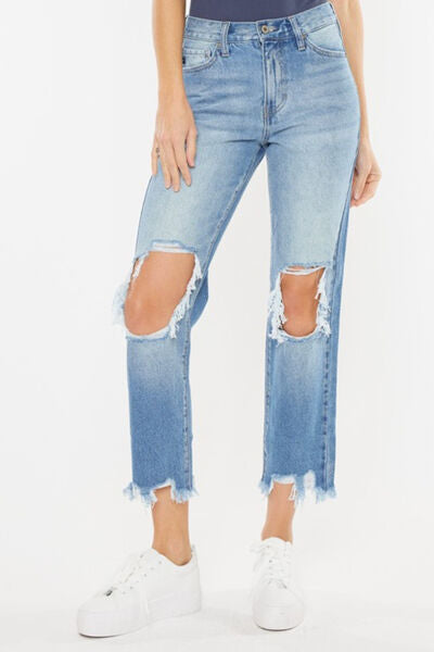 Kancan High Waist Chewed Up Straight Mom Jeans Medium