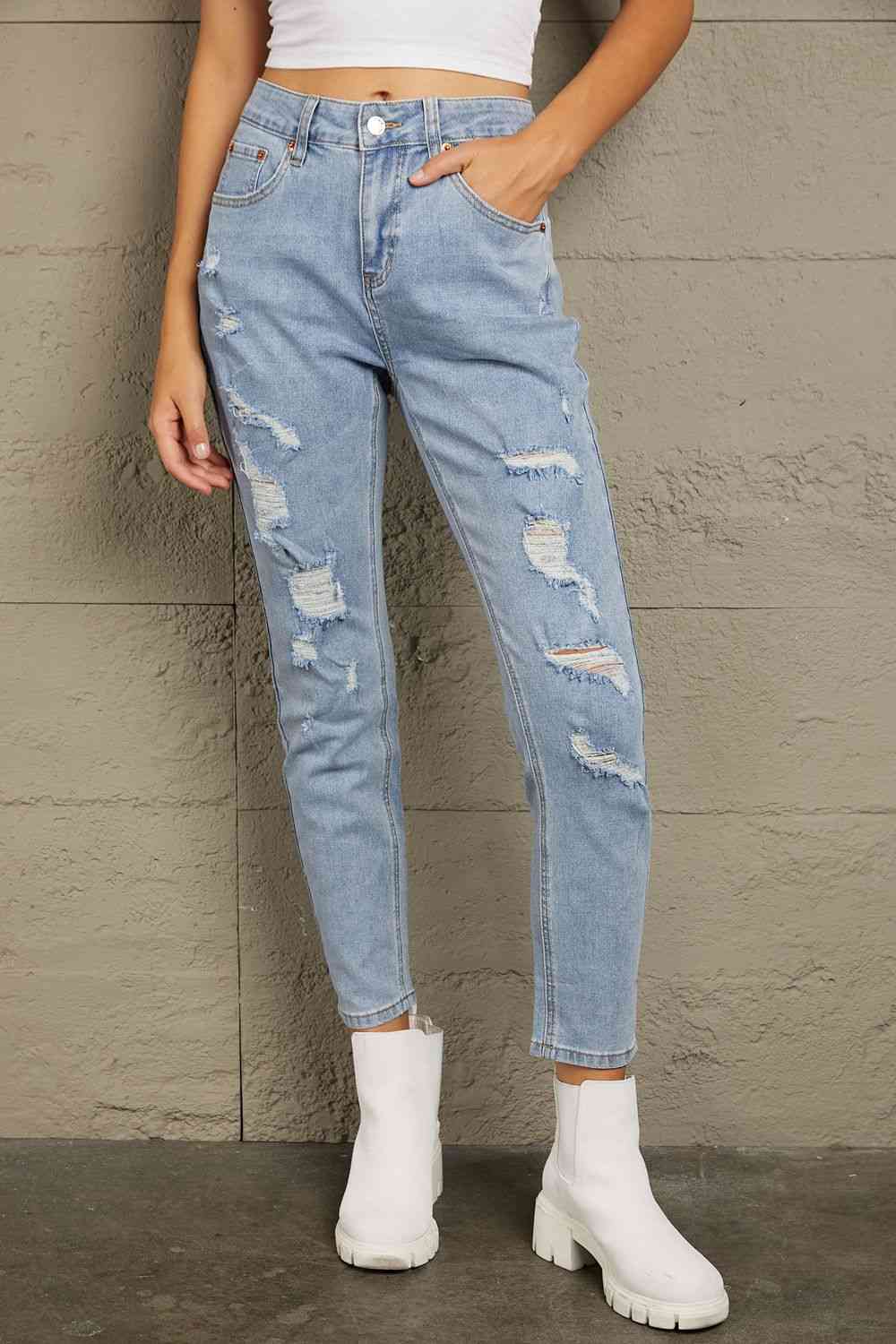 Baeful Acid Wash Distressed Jeans with Pockets Light
