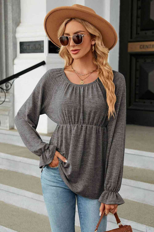 Round Neck Flounce Sleeve Blouse Charcoal