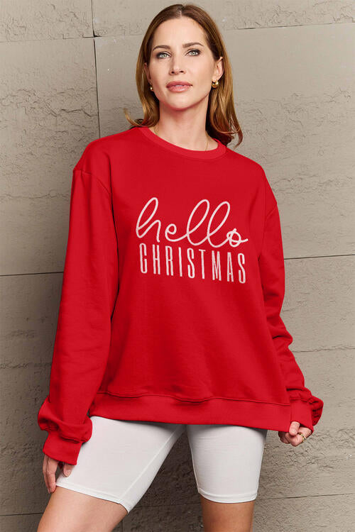 Simply Love Full Size HELLO CHRISTMAS Long Sleeve Sweatshirt Deep Red