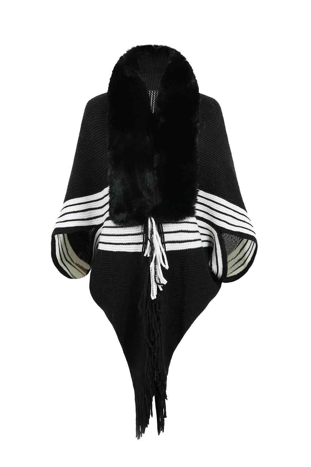 Striped Fringe Detail Long Sleeve Poncho Black One Size