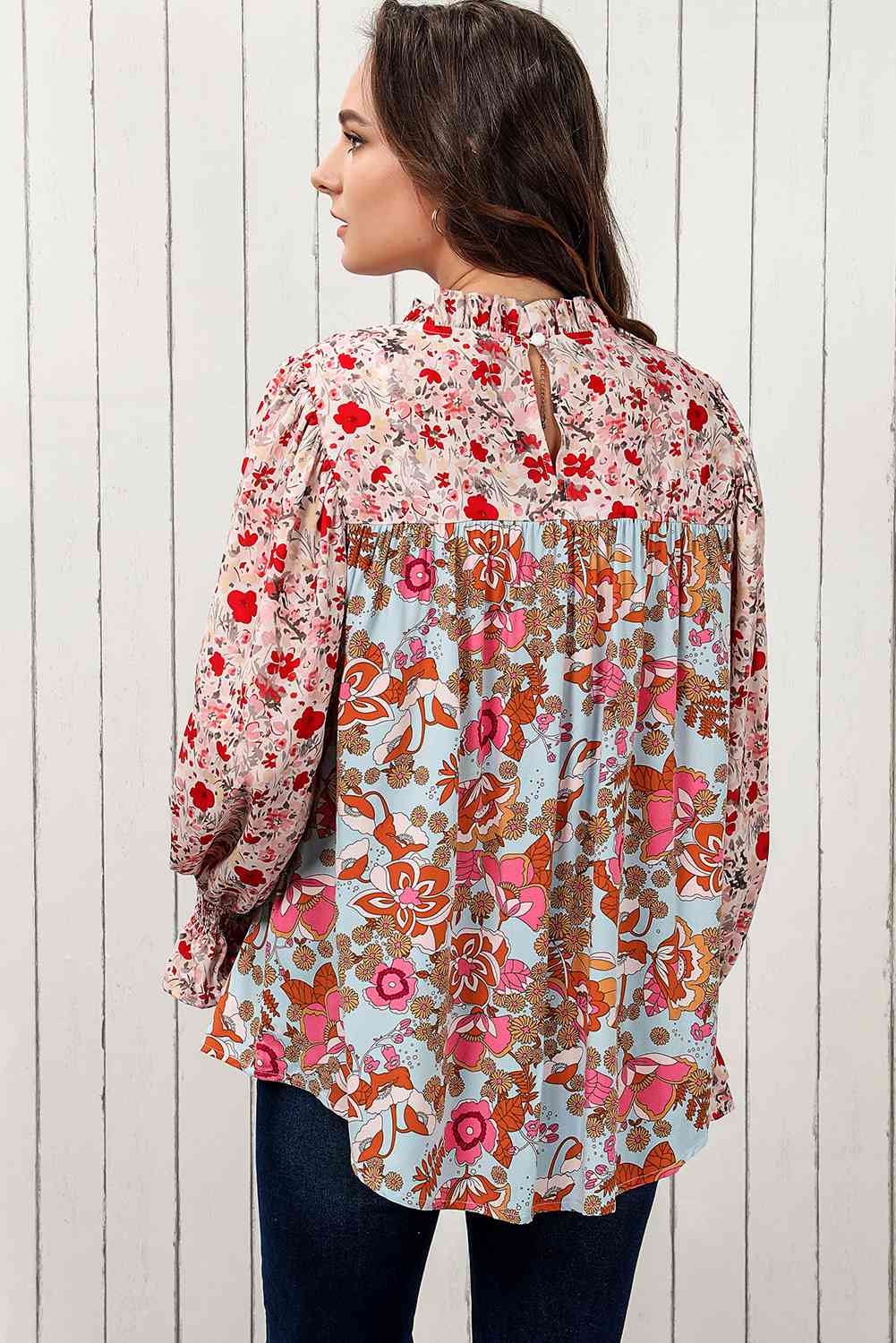 Floral Print Flounce Sleeve Mock Neck Blouse