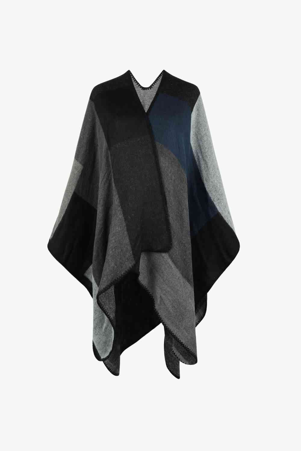Color Block Open Front Poncho Charcoal One Size