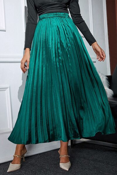 Pleated Elastic Waist Midi Skirt Teal