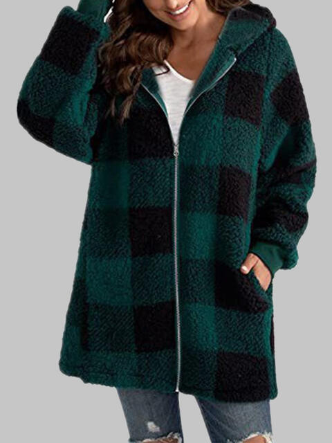 Plaid Zip-Up Hooded Jacket with Pockets Black Forest