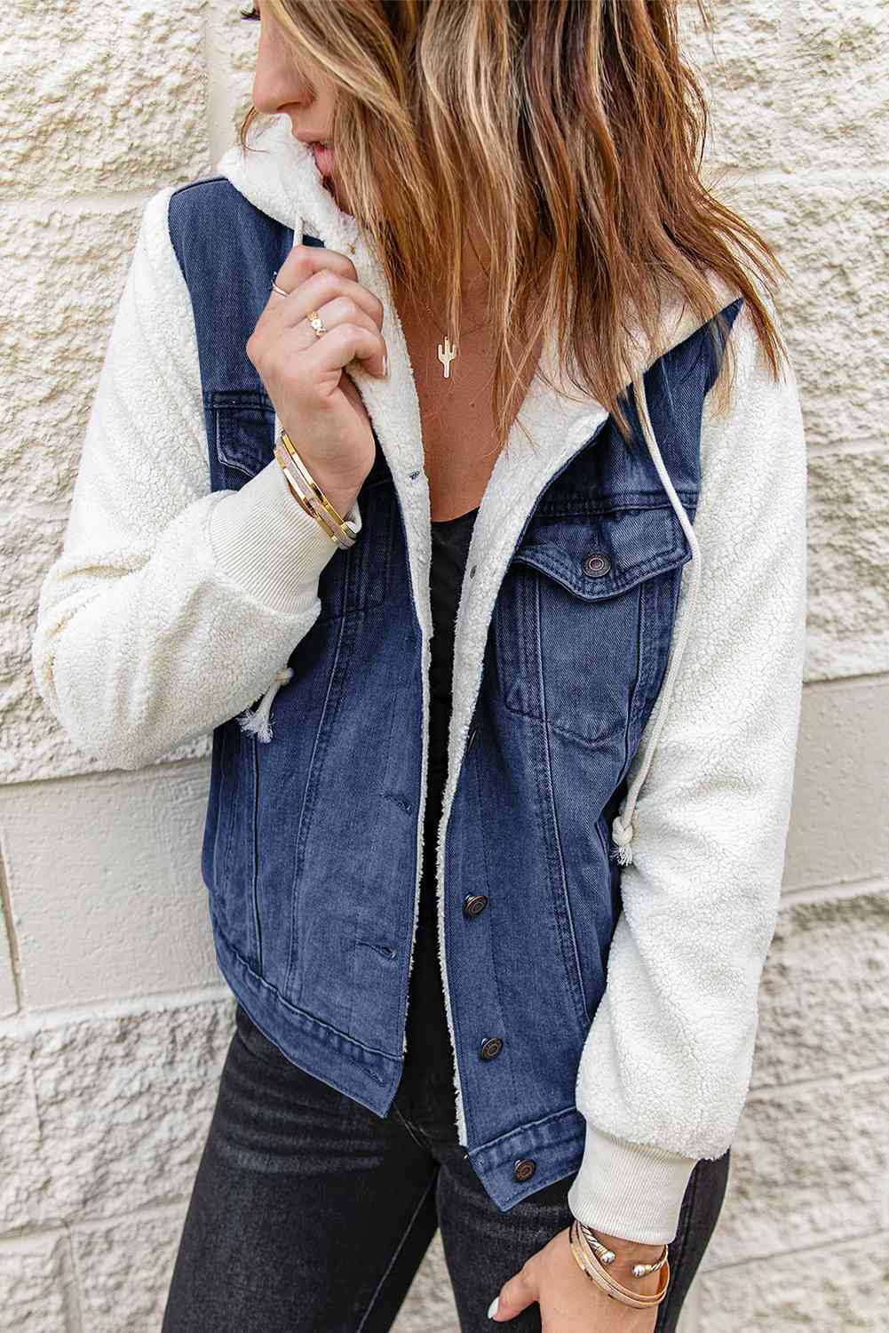 Two-Tone Spliced Denim Sherpa Hooded Jacket Dark