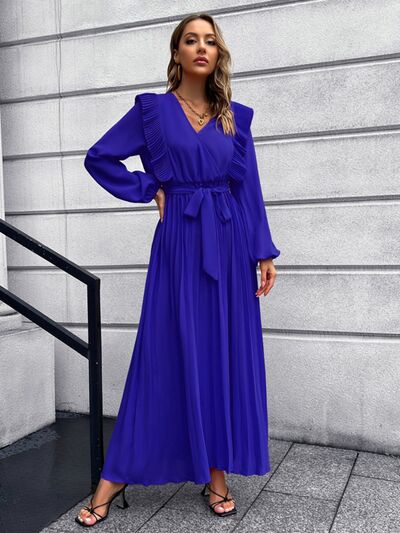 Pleated Surplice Tie Waist Maxi Dress Cobald Blue