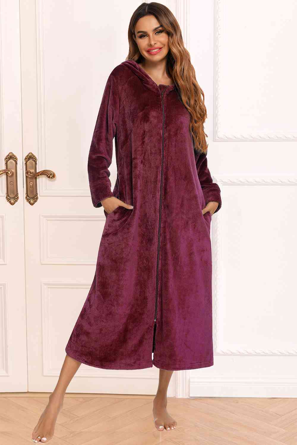 Zip Front Hooded Night Dress with Pockets Wine
