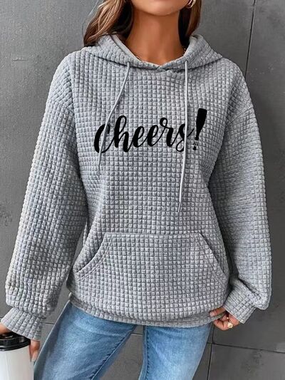 Full Size CHEERS Waffle-Knit Drawstring Hoodie Heather Gray