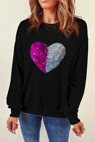 Heart Sequin Round Neck Dropped Shoulder Sweatshirt Black