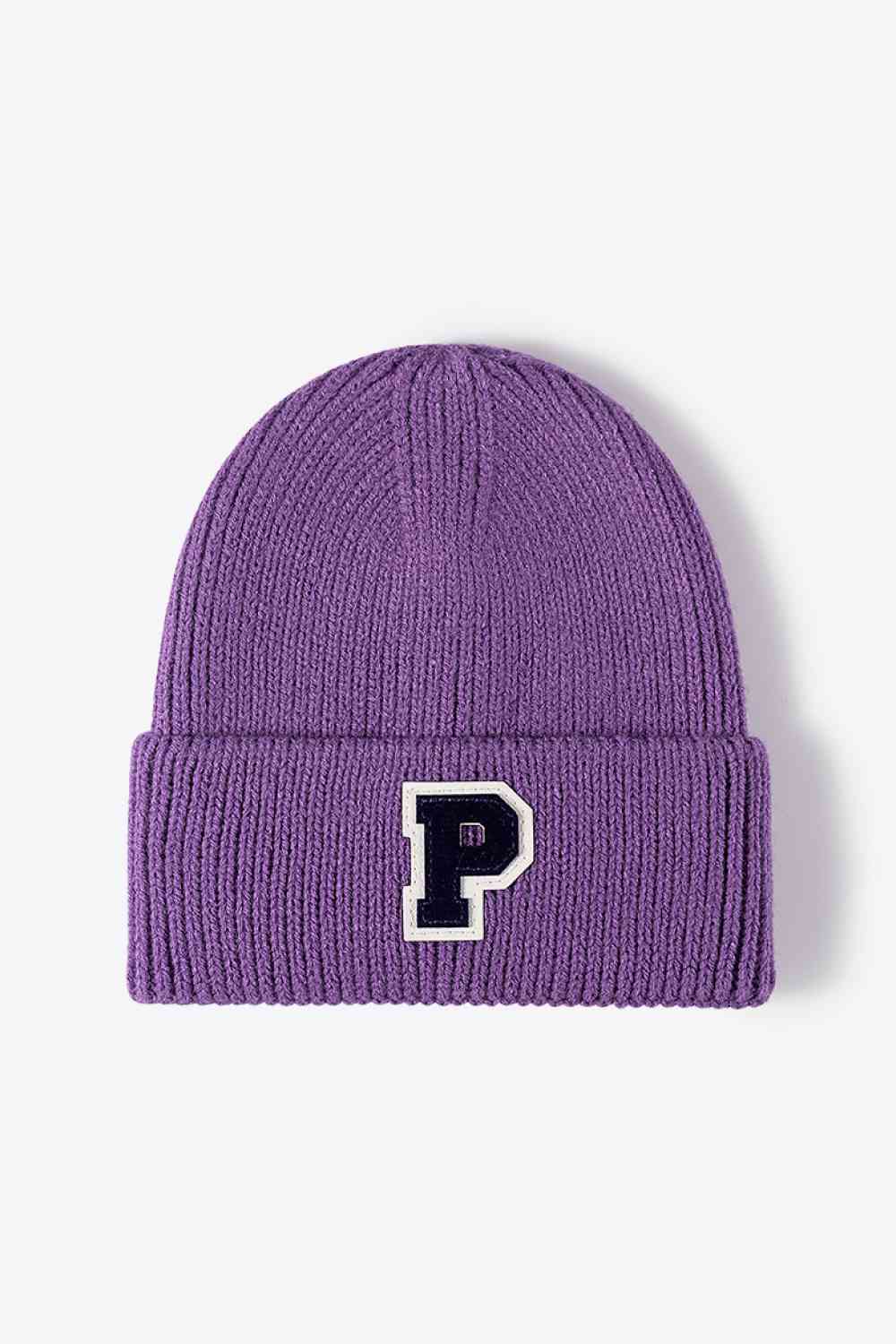 Letter Patch Cuffed Knit Beanie Purple One Size