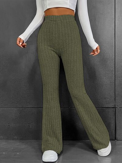 Ribbed High Waist Bootcut Pants Moss