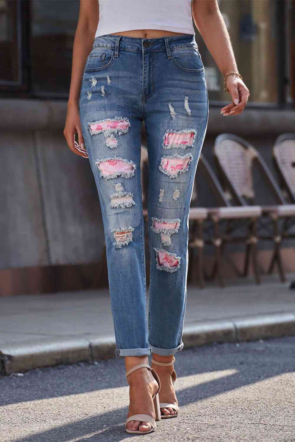 Baeful Printed Patch Distressed Boyfriend Jeans Carnation Pink