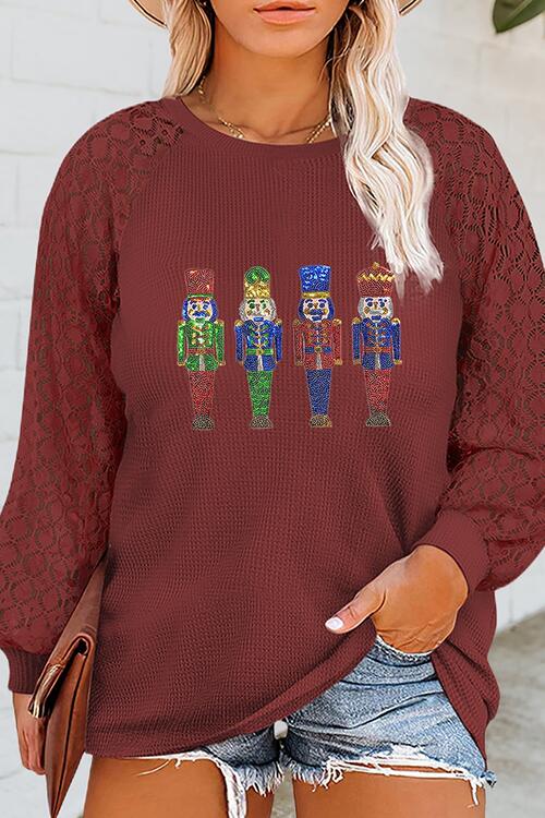 Plus Size Waffle-Knit Sequin Nutcracker Lace Detail Sweatshirt Wine