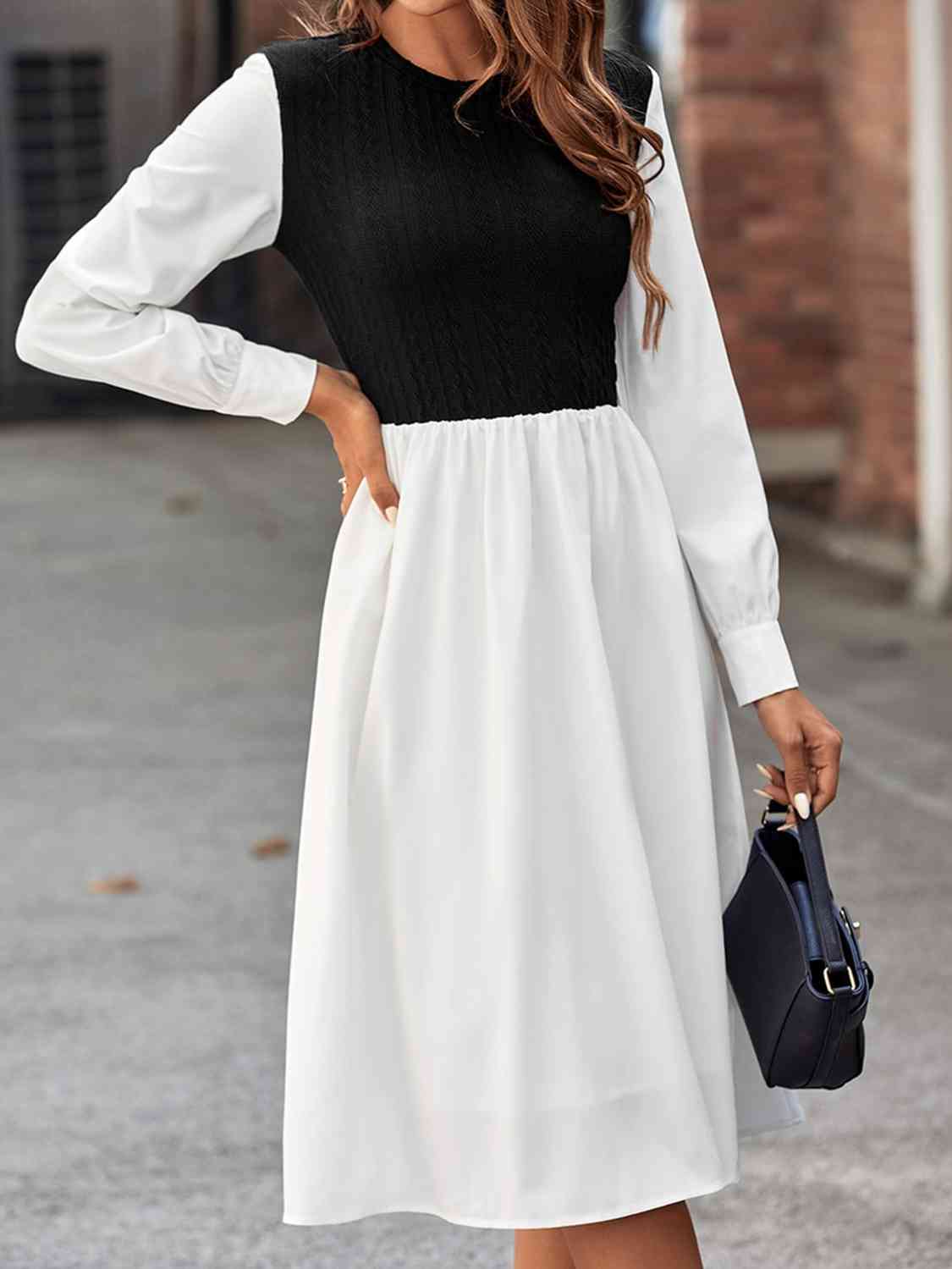 Contrast Round Neck Long Sleeve Dress White