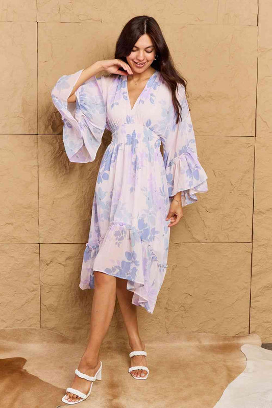 OneTheLand Take Me With You Floral Bell Sleeve Midi Dress in Blue Floral