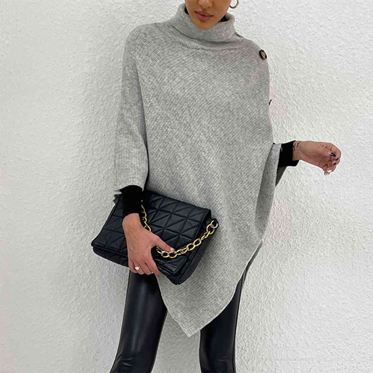 Turtleneck Buttoned Poncho Light Gray