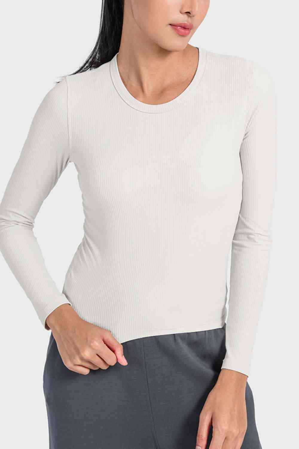 Round Neck Long Sleeve Sports Top White