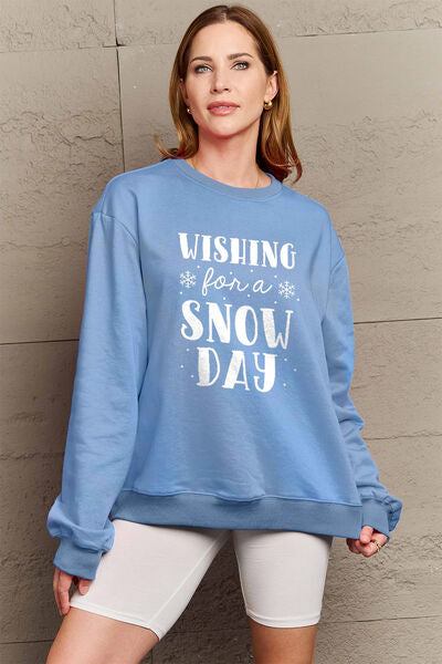 Simply Love Full Size WISHING FOR A SNOW DAY Round Neck Sweatshirt Misty Blue