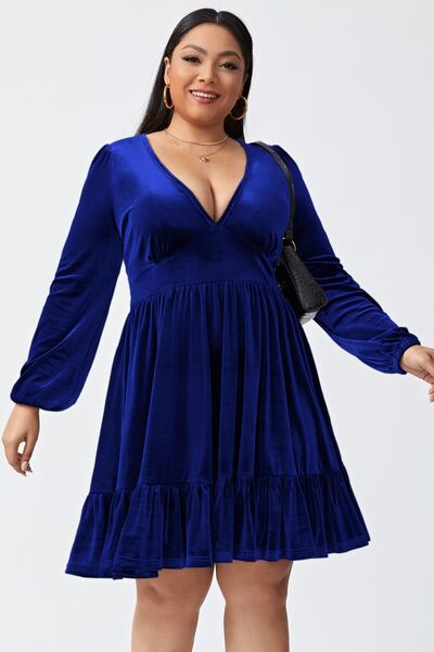 Plus Size Plunge Long Sleeve Mini Dress Cobald Blue