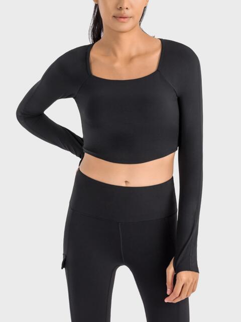 Square Neck Long Sleeve Cropped Sports Top Black