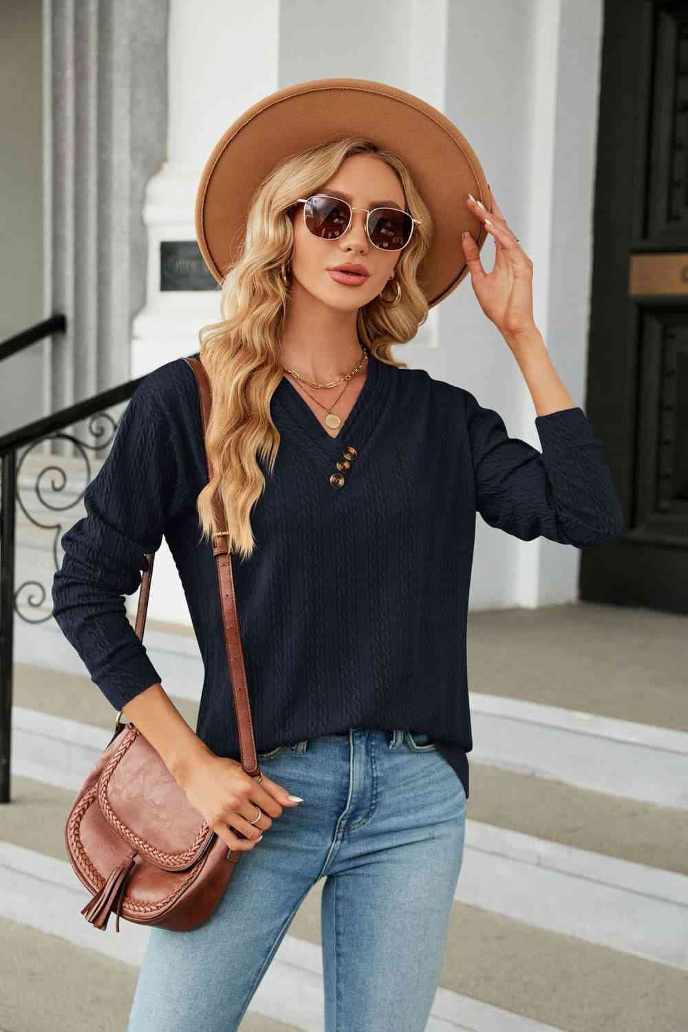 Decorative Button V-Neck Long Sleeve T-Shirt Navy