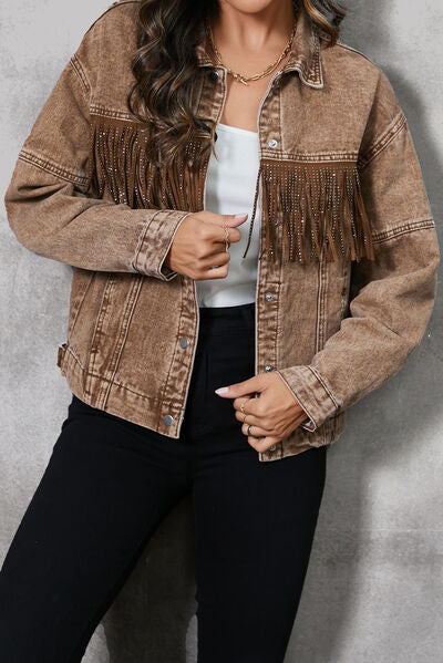 Fringe Trim Snap Down Denim Jacket Taupe