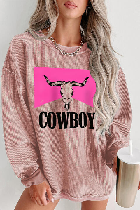 COWBOY Graphic Round Neck Sweatshirt Dusty Pink