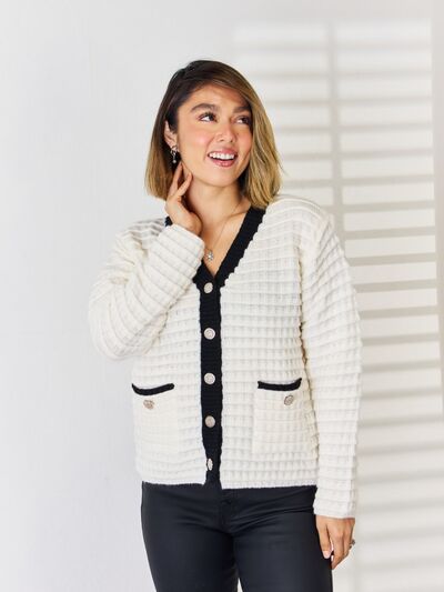 Contrast Trim Button Up Cardigan White