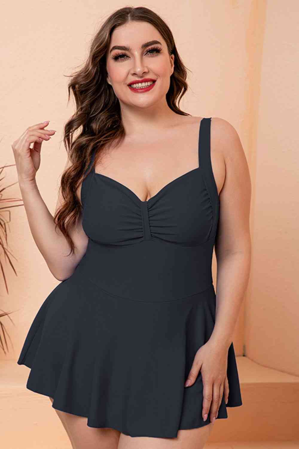 Full Size Gathered Detail Swim Dress Black