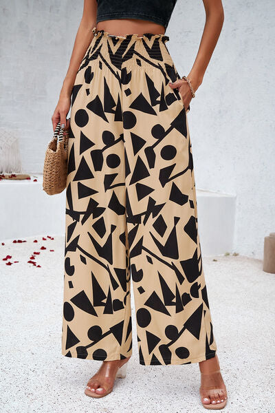 Smocked Printed Wide Leg Pants with Pockets Tan