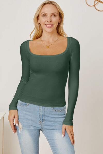 Square Neck Long Sleeve T-Shirt Green