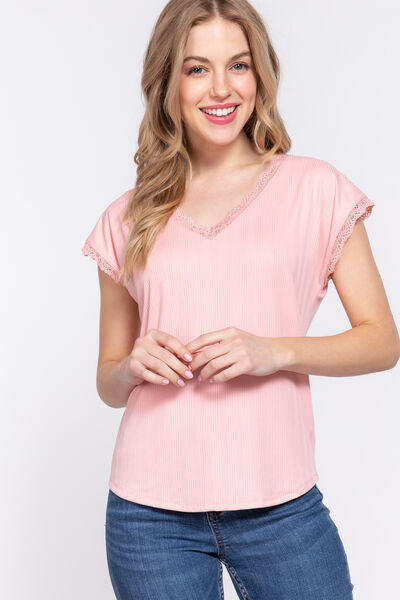 ACTIVE BASIC Lace Trim V-Neck Short Sleeve Ribbed Top PINK