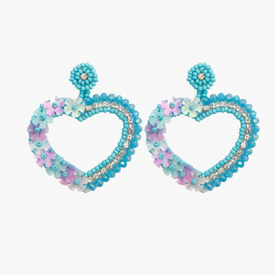 Bead Rhinestone Stainless Steel Heart Dangle Earrings Turquoise One Size