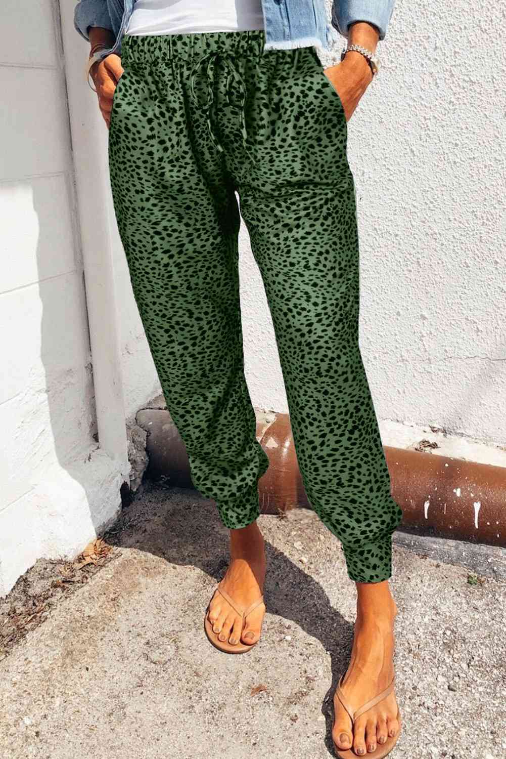 Double Take Leopard Print Joggers with Pockets Green