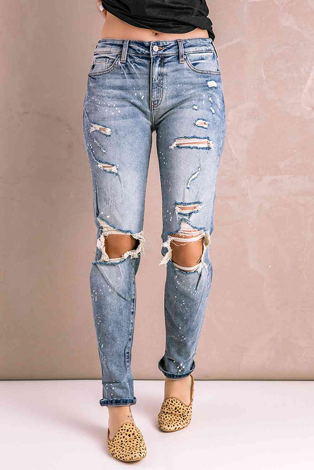 Baeful Splatter Distressed Acid Wash Jeans with Pockets Light Wash L