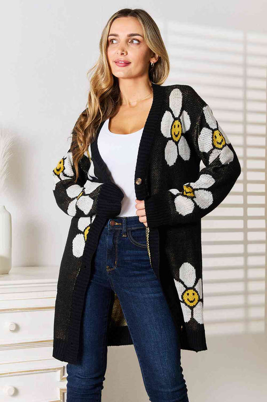 Double Take Floral Button Down Longline Cardigan Black