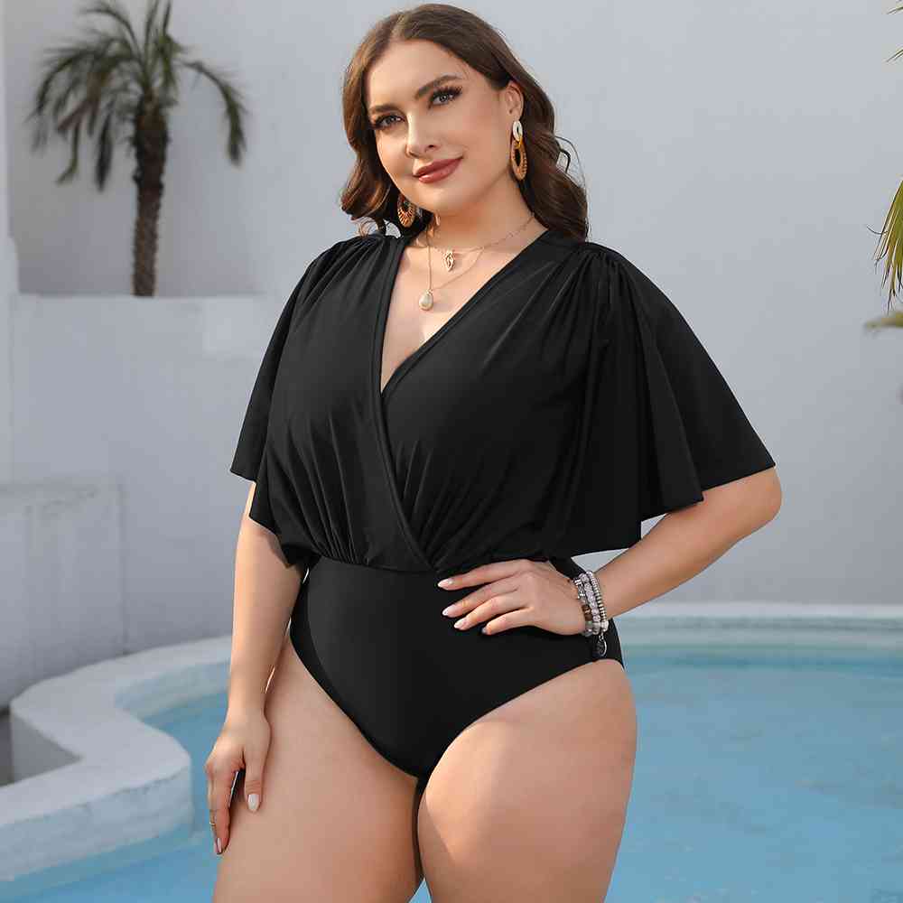 Plus Size Ruched Surplice Neck One-Piece Swimsuit Black