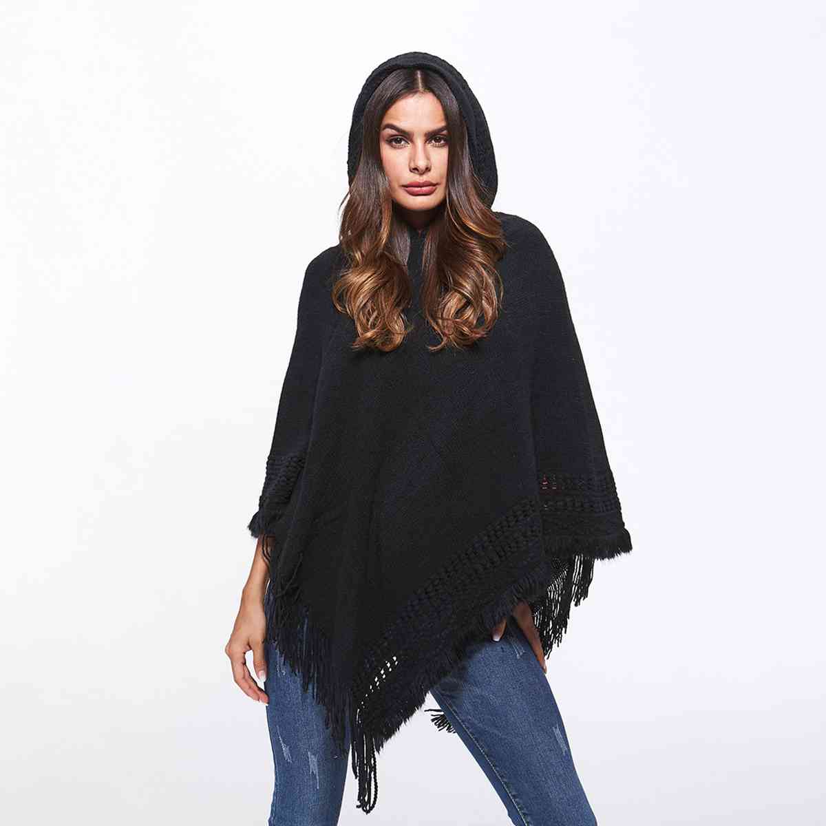 Openwork Fringe Hem Hooded Poncho Black