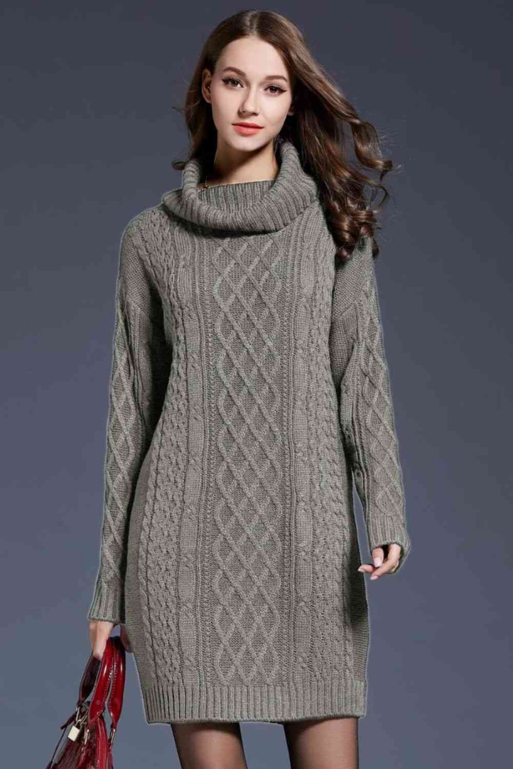 Woven Right Full Size Mixed Knit Cowl Neck Dropped Shoulder Sweater Dress Gray