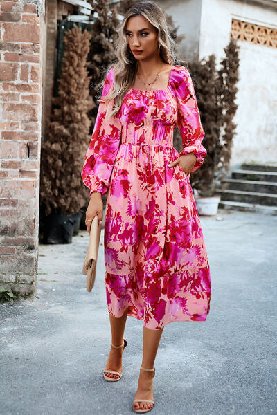 Printed Balloon Sleeve Pocketed Midi Dress Fuchsia Pink