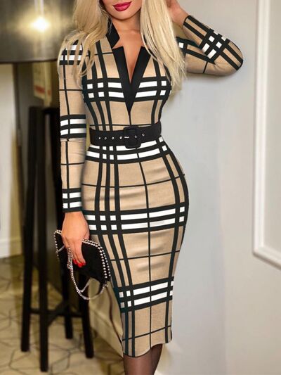 Printed Notched Long Sleeve Wrap Dress Tan