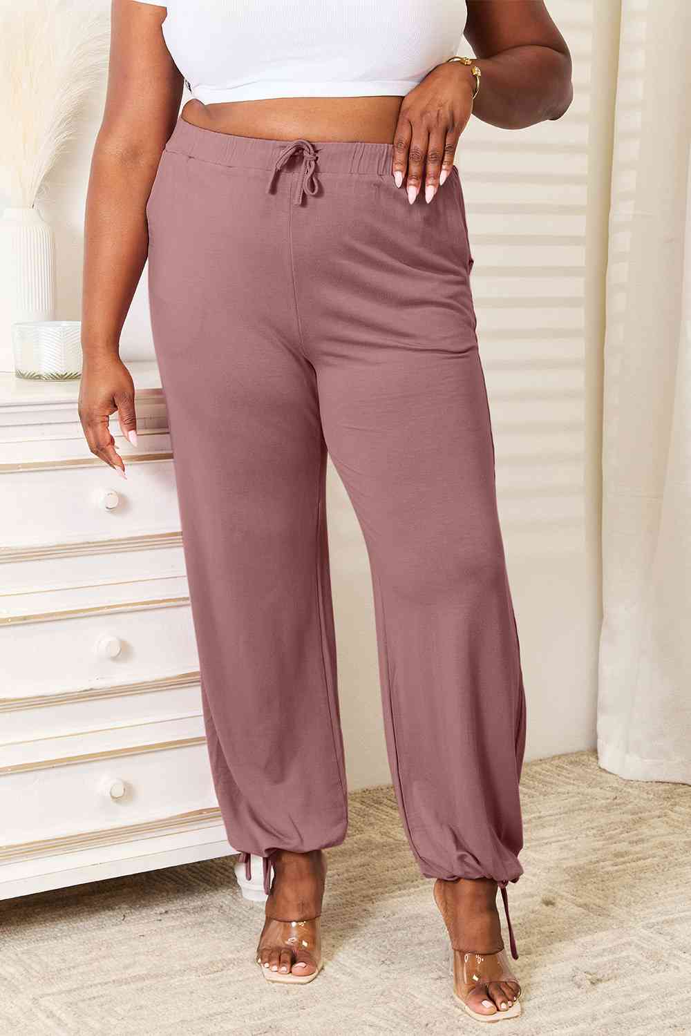 Basic Bae Full Size Soft Rayon Drawstring Waist Pants with Pockets Light Mauve