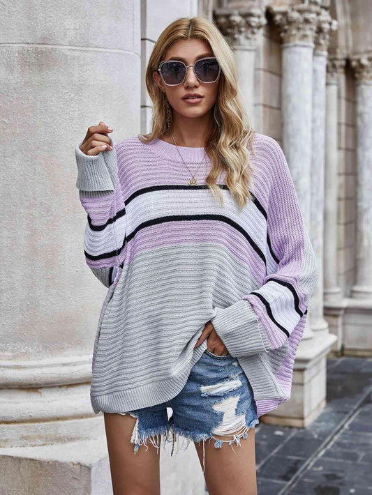 Woven Right Striped Horizontal Ribbing Long Sleeve Tunic Sweater Lilac