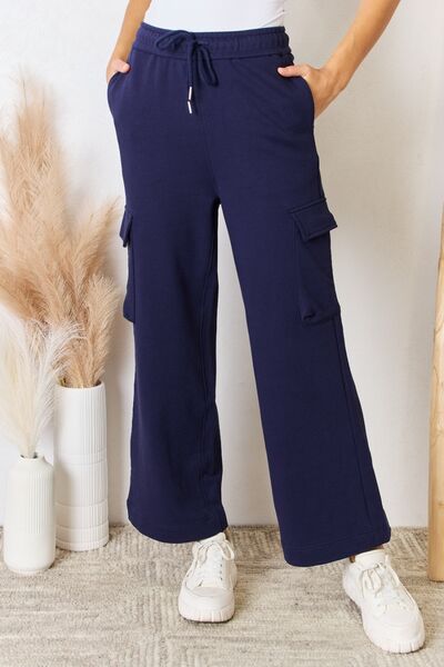 RISEN Drawstring Relaxed Cargo Wide Leg Pants Navy