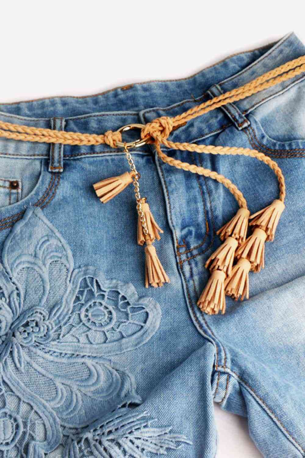 Braid Belt with Tassels Tan One Size