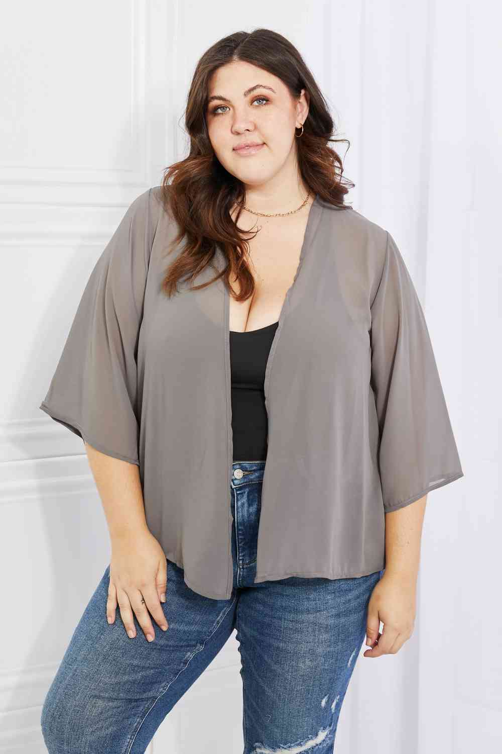 Melody Just Breathe Full Size Chiffon Kimono in Grey Mid Gray